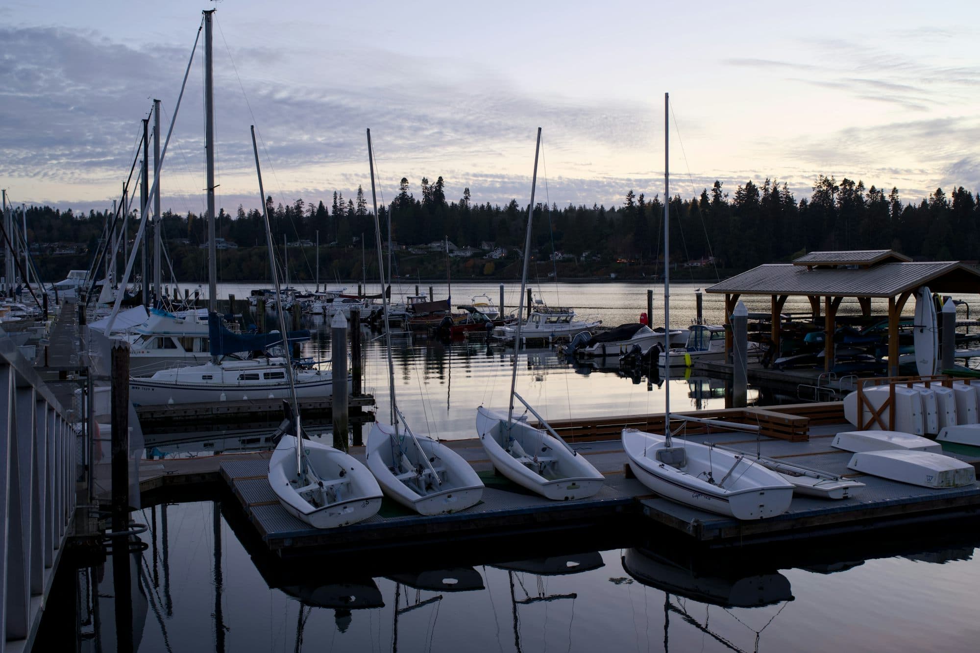 A quiet marina at golden hour with sailboat masts and dinghies