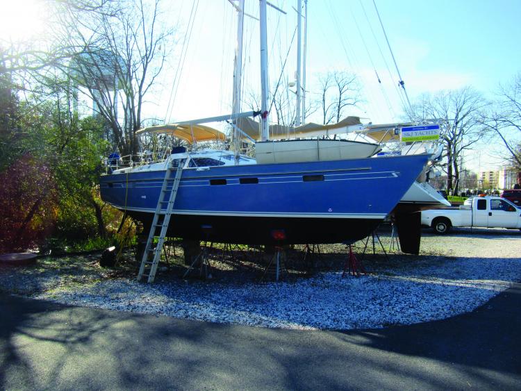 Southerly 115 sailboat on hard in yard at Port Annapolis Marina in Maryland. Listed and sold by S&J Yachts Brokerage