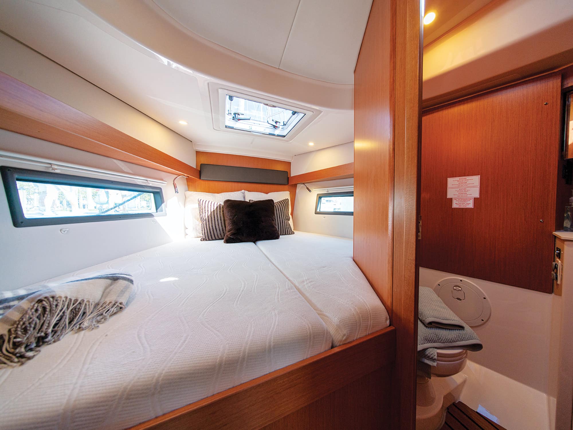 With the two-head layout, the forward ­compartment cuts into a portion of the king-size bunk. Jon Whittle