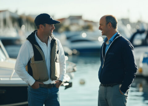 A boat owner and broker agent engage in a deep discussion by the dockside