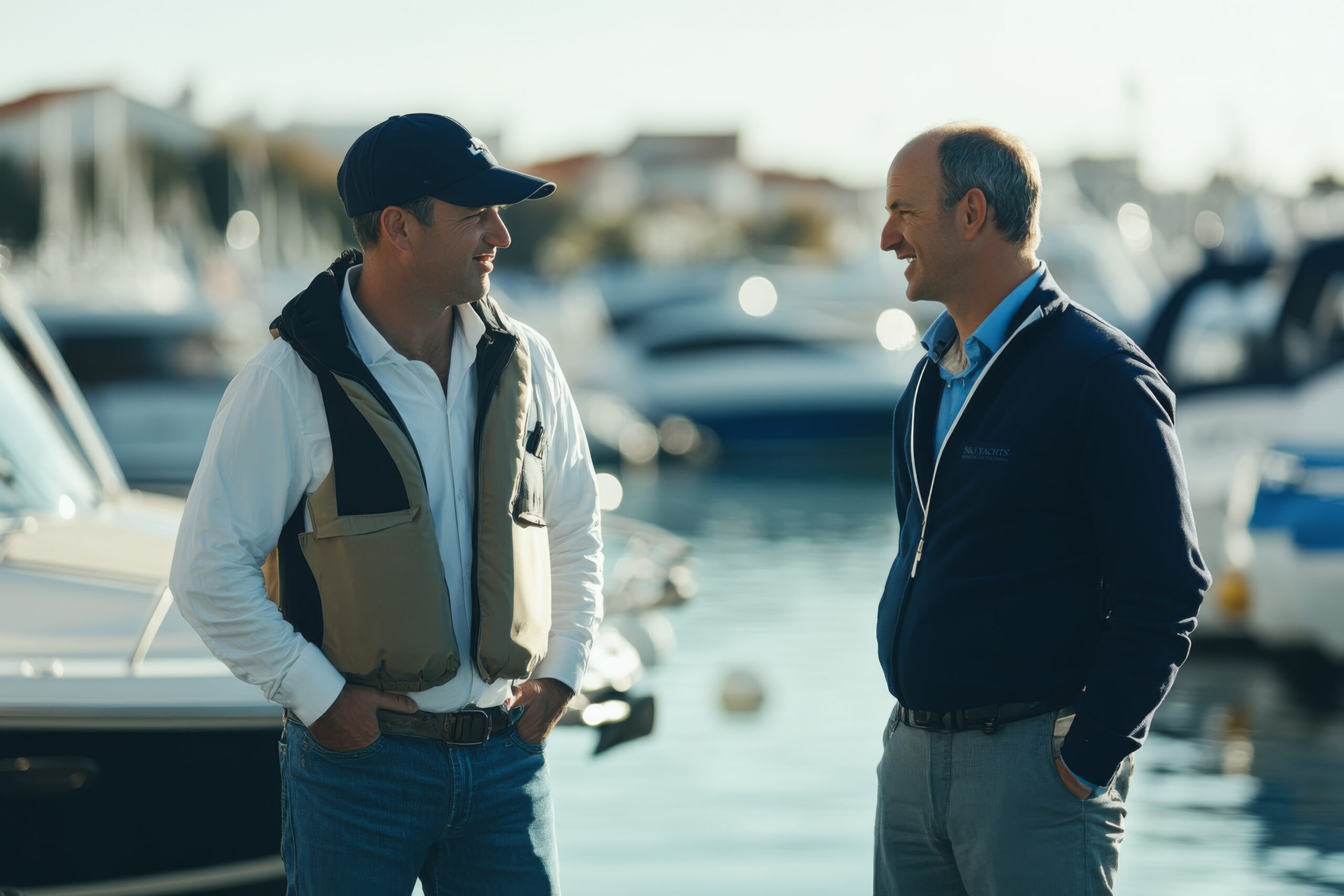 A boat owner and broker agent engage in a deep discussion by the dockside A boat owner and broker agent engage in a deep discussion by the dockside